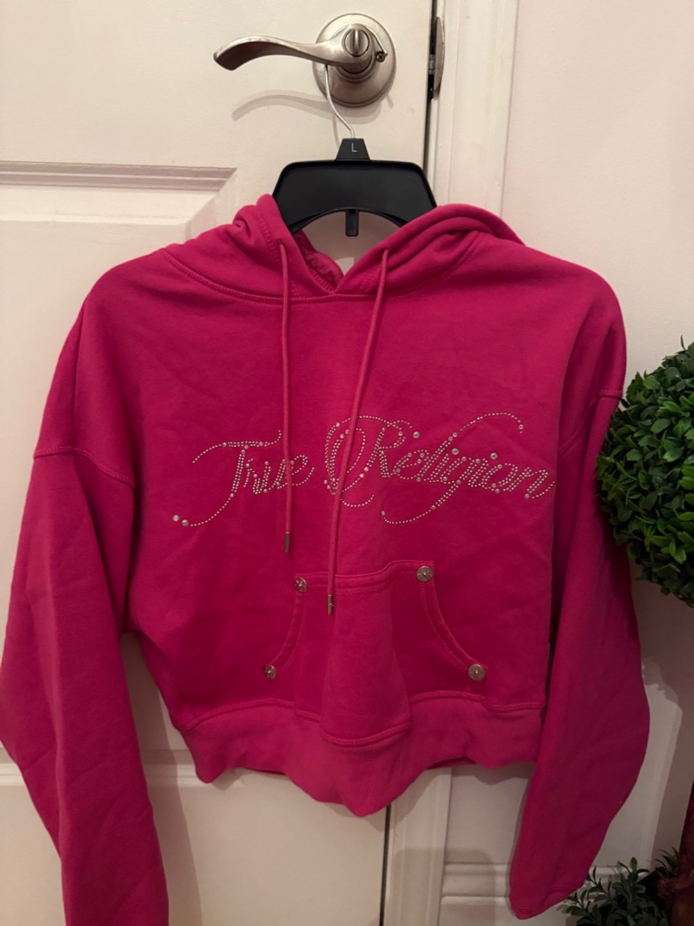 True Religion Hot Pink Rhinestone Logo Cropped Hoodie sweatpants set